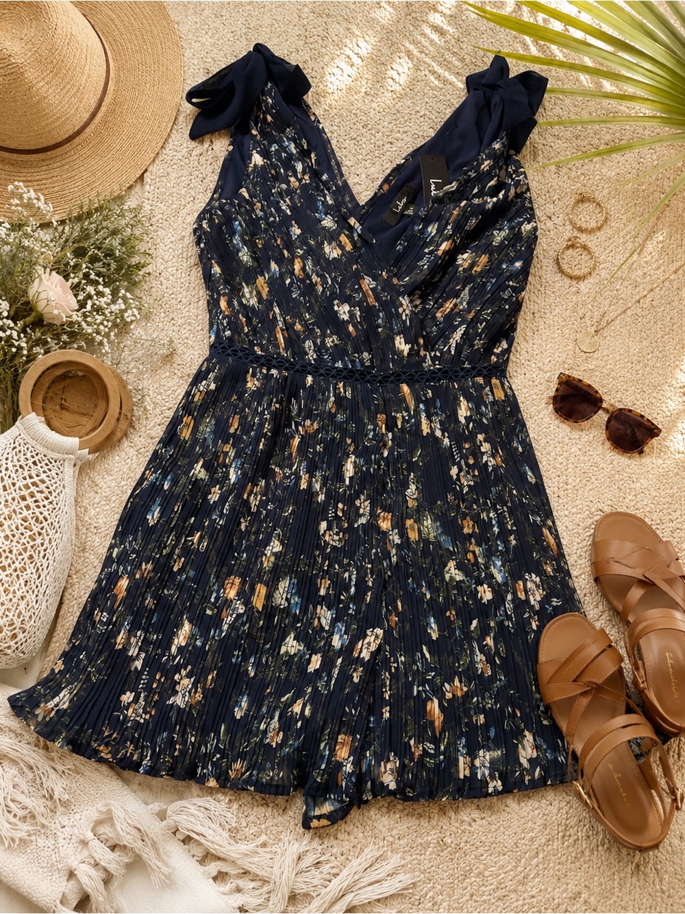 Lulus Navy Floral Plisse Romper Supplice Boho Wedding Guest